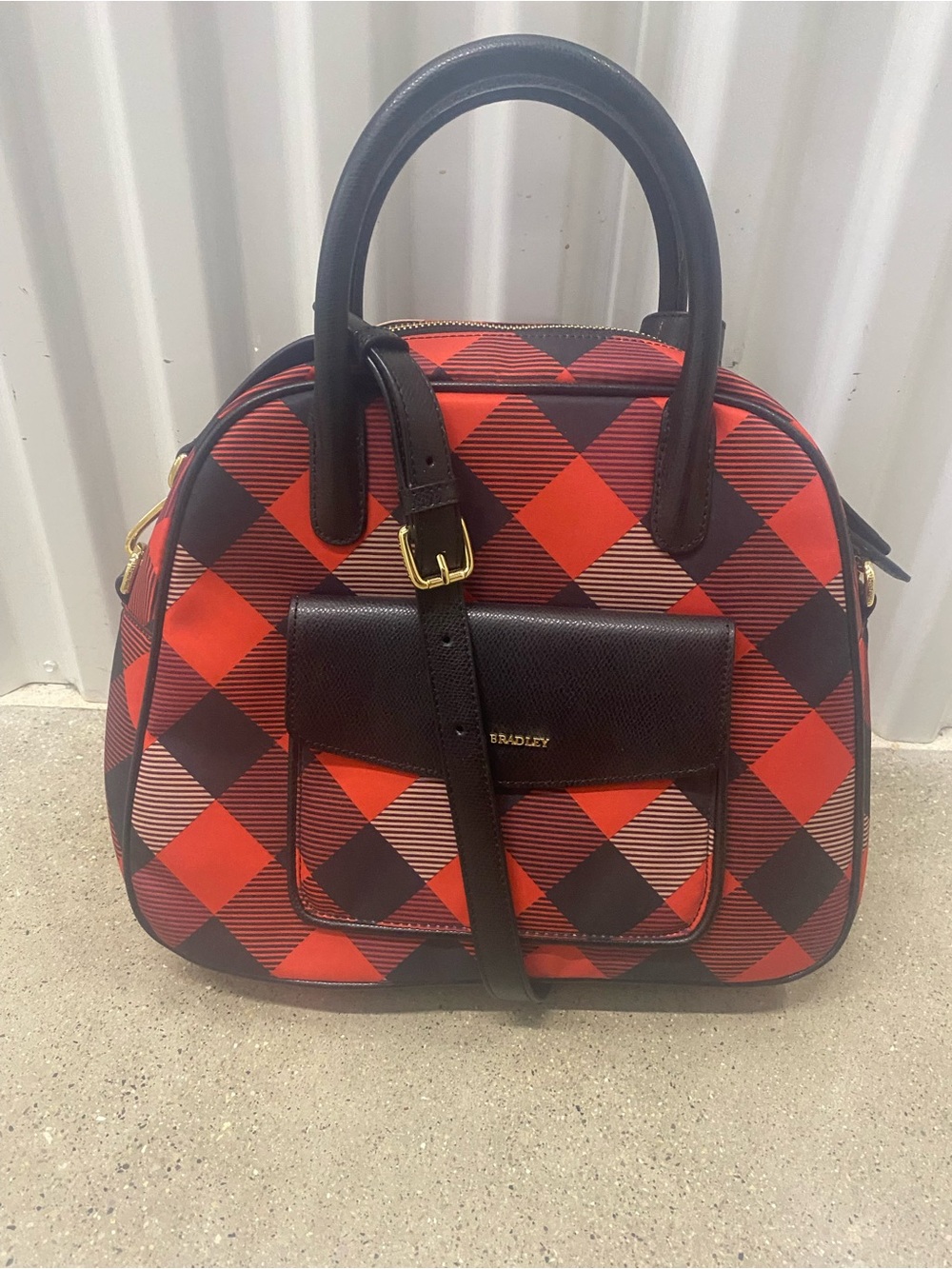 Vera Bradley Leather Red and Black Checkered Bowling Bag Satchel